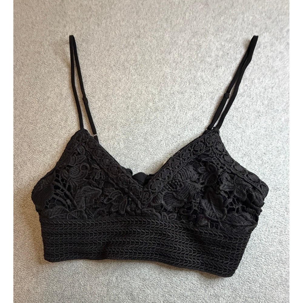 Aeropostale Black Floral Lace Cropped Brami Cami Top Tie Back Large
